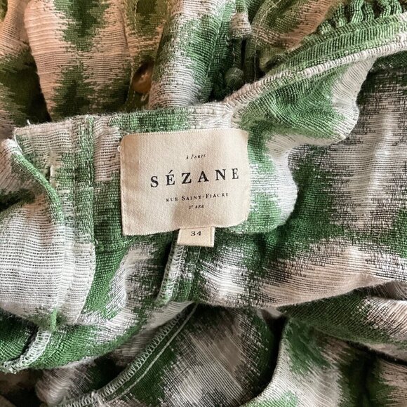 Sezane Ezecquiel Blouse Green Ikat Size EU 34 Ruffles 1/2 Sleeve Buttons Womens - Picture 9 of 11